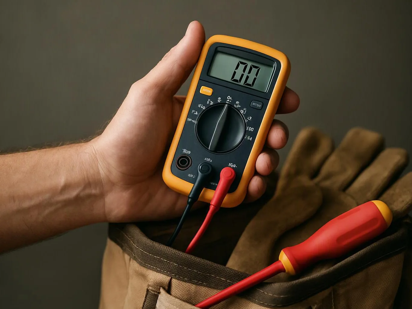 A hand holds a digital multimeter above a tool bag with gloves and a red screwdriver