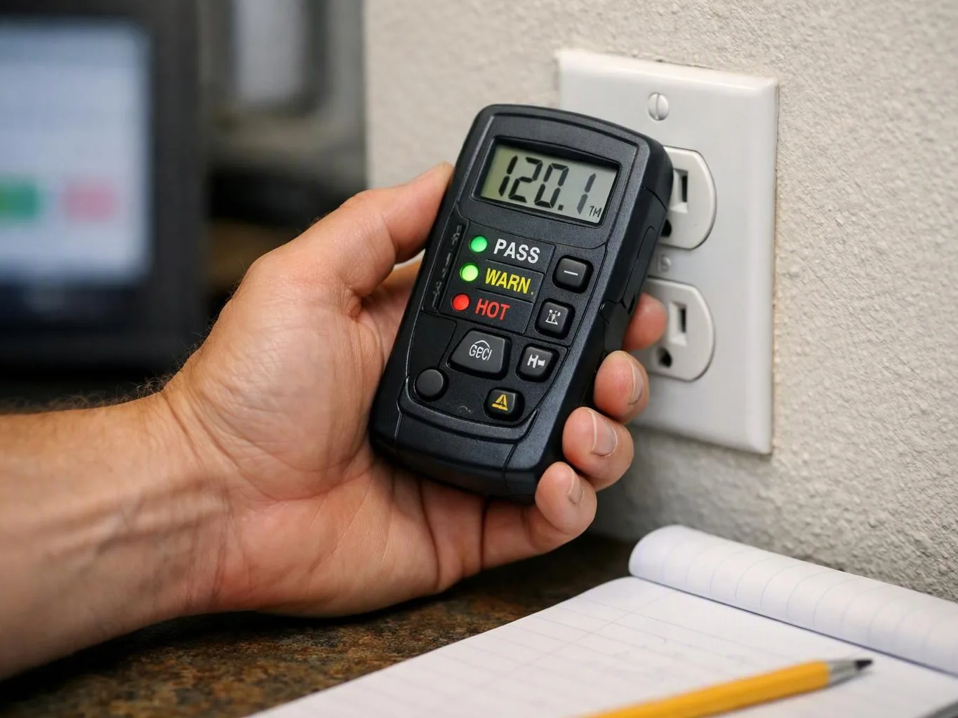 A hand holds an electrical outlet tester near a wall socket beside a notebook and pencil