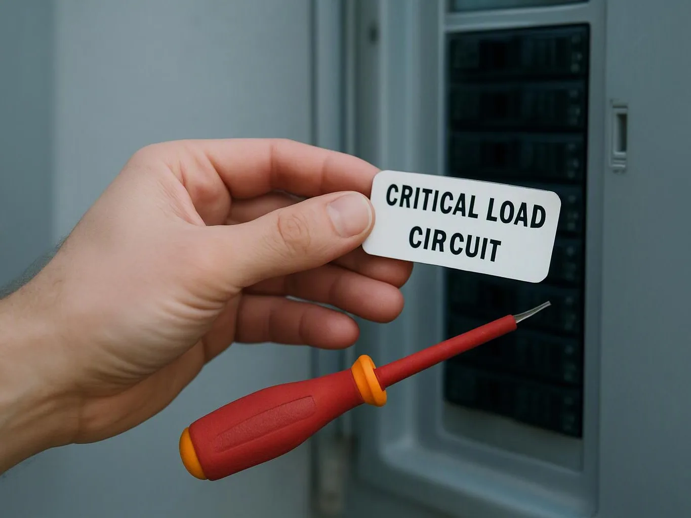 A hand holds a labeled tag near an electrical panel, with a screwdriver pointing at circuit breakers