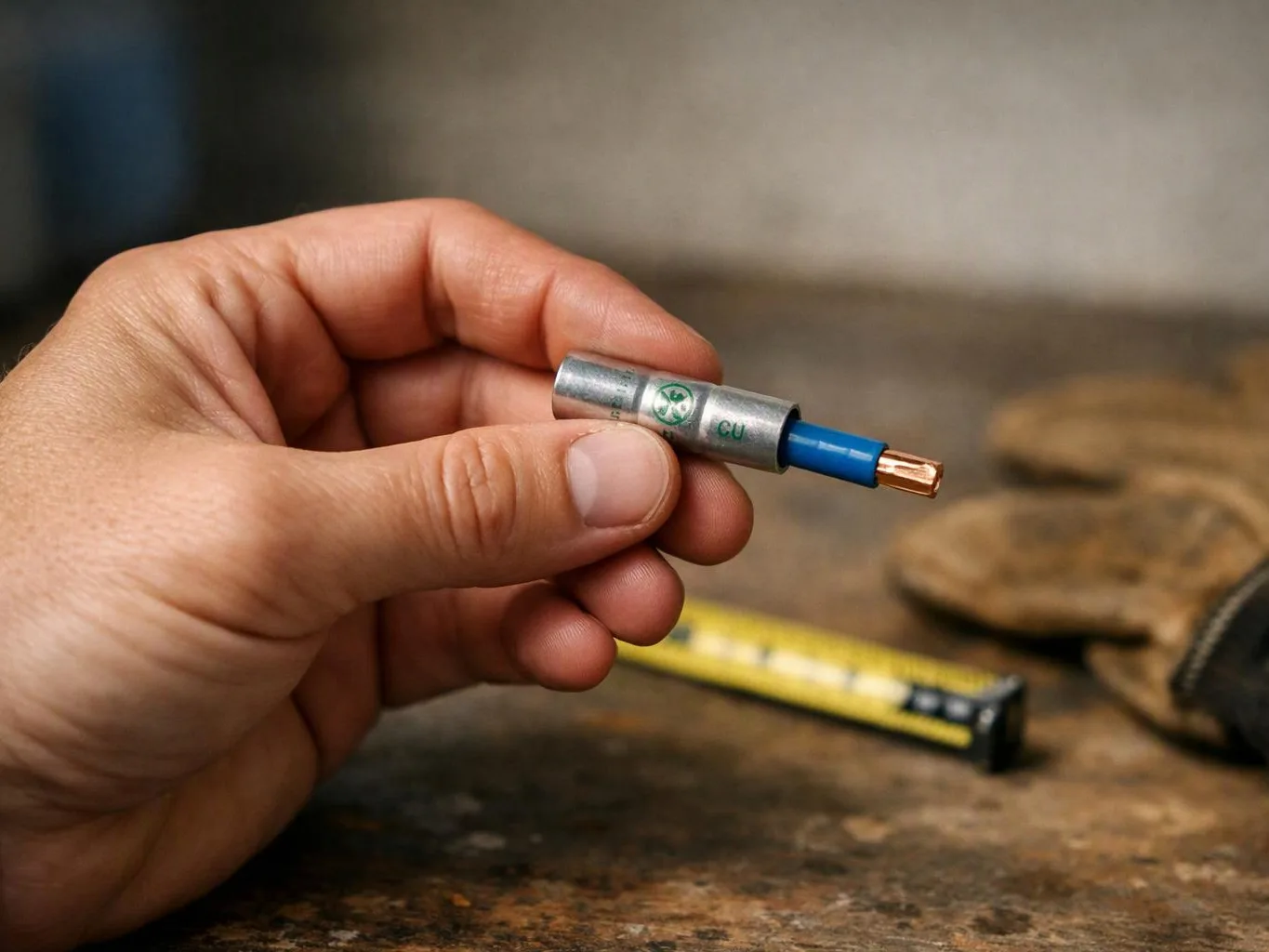 A hand holds a stripped blue electrical wire with a metal sleeve over a workbench with gloves and a tape measure