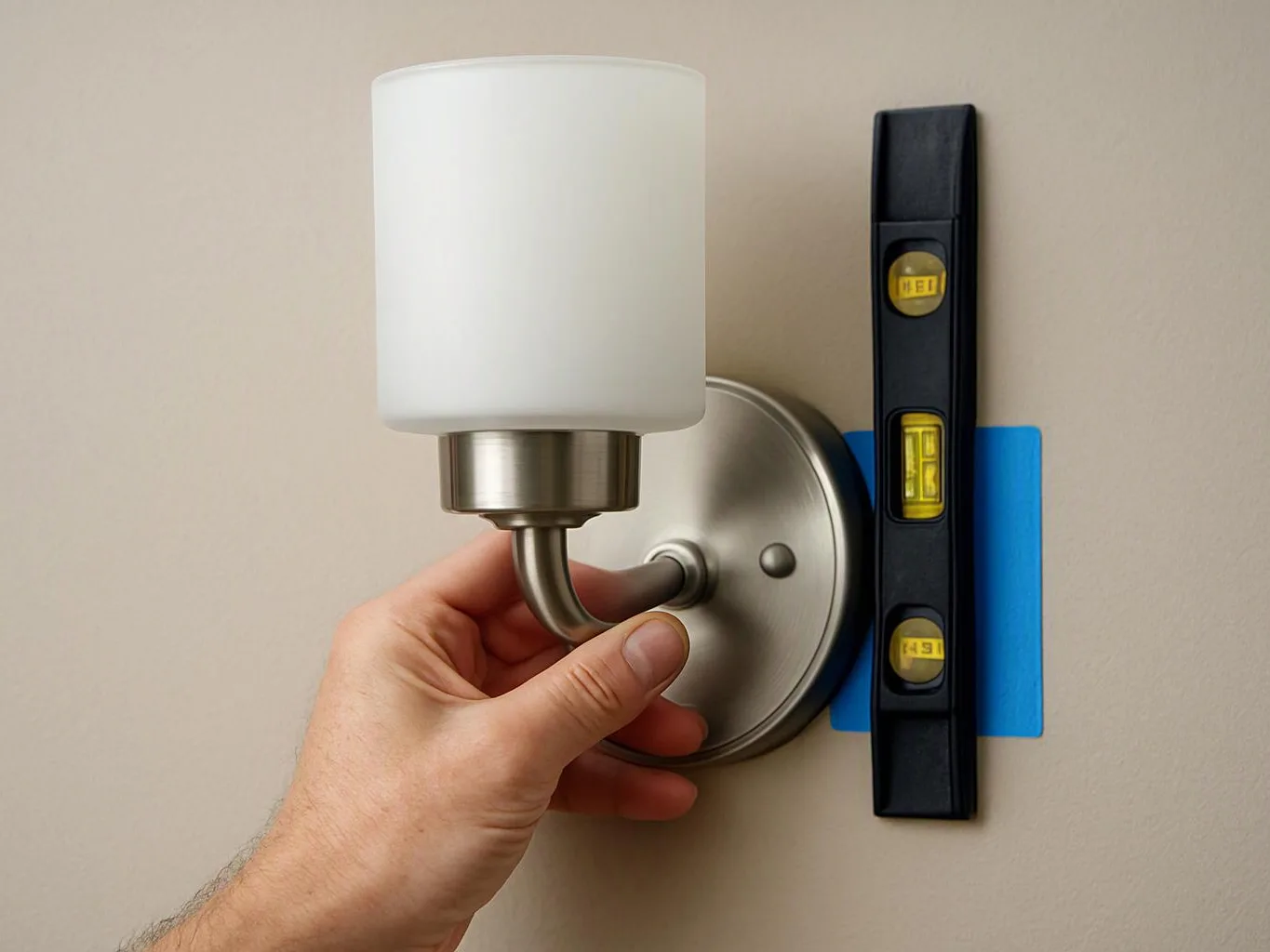 A hand holds a wall sconce while a bubble level checks its alignment on a plain wall