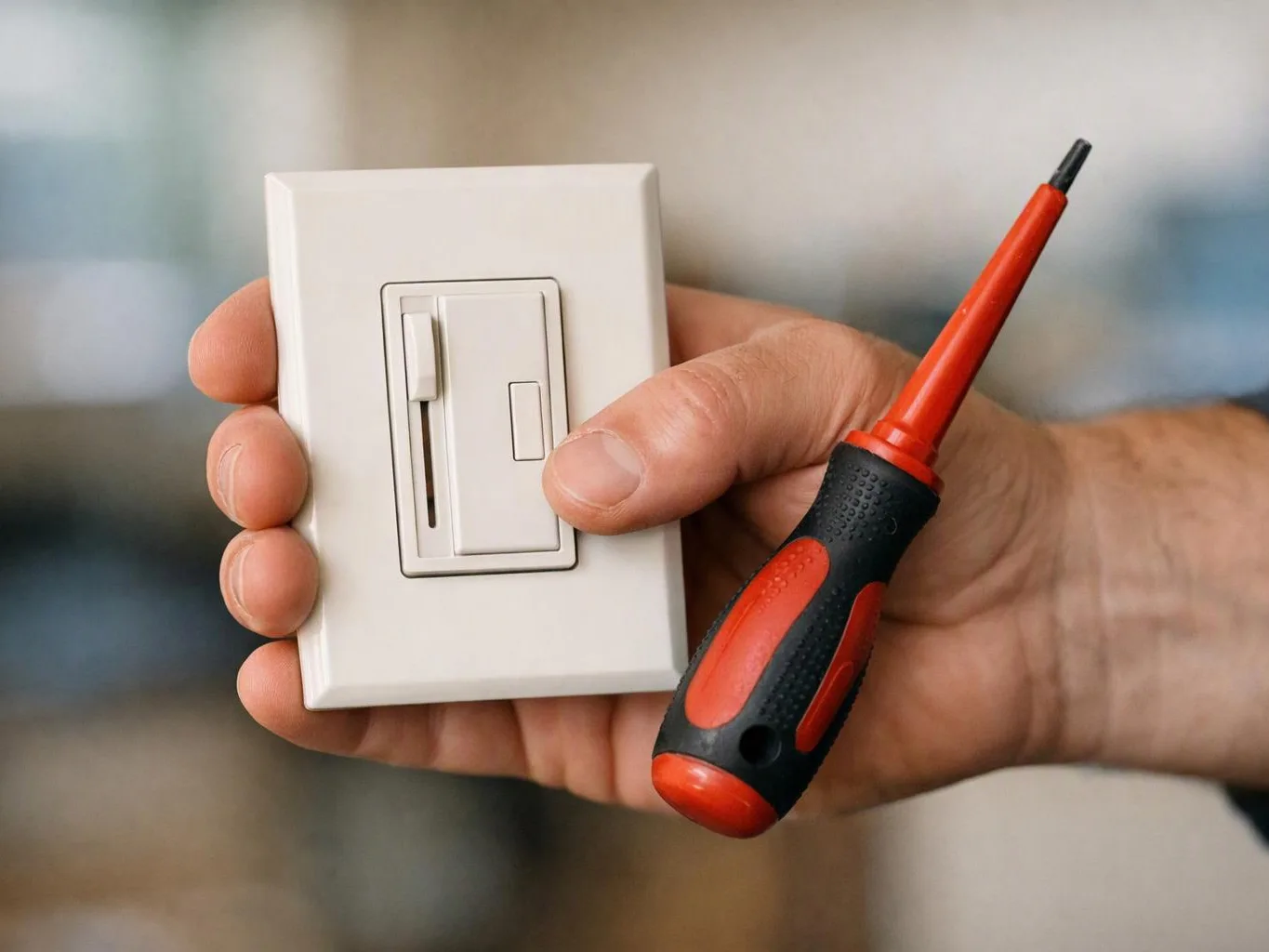 A hand holds a white dimmer switch plate beside a red and black screwdriver against a blurred indoor background