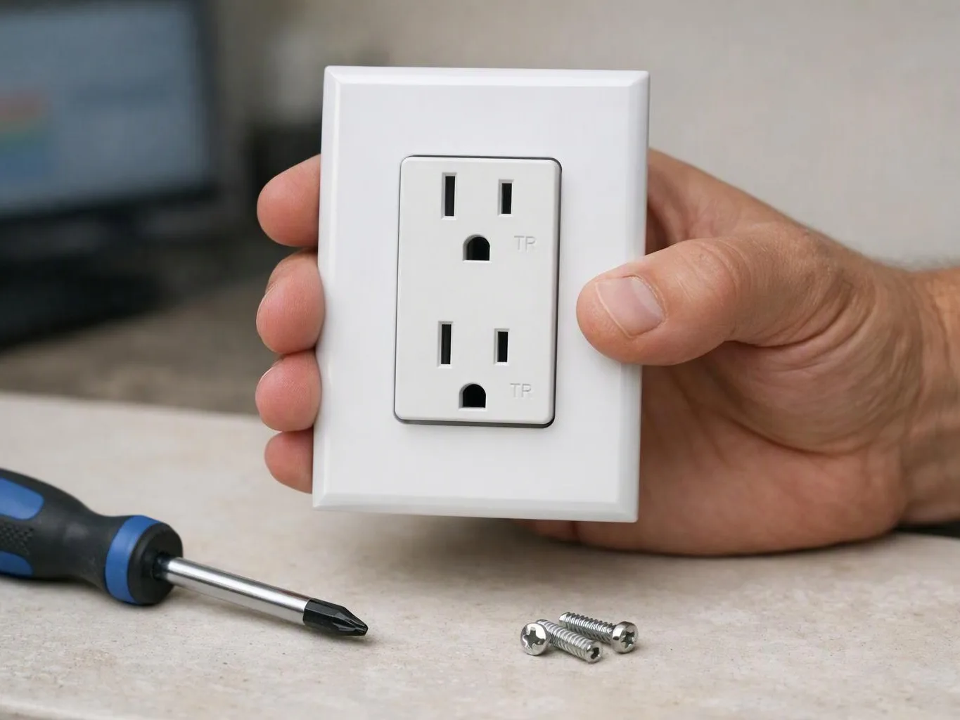 A hand holds a white duplex wall outlet cover beside a screwdriver and two screws on a tabletop