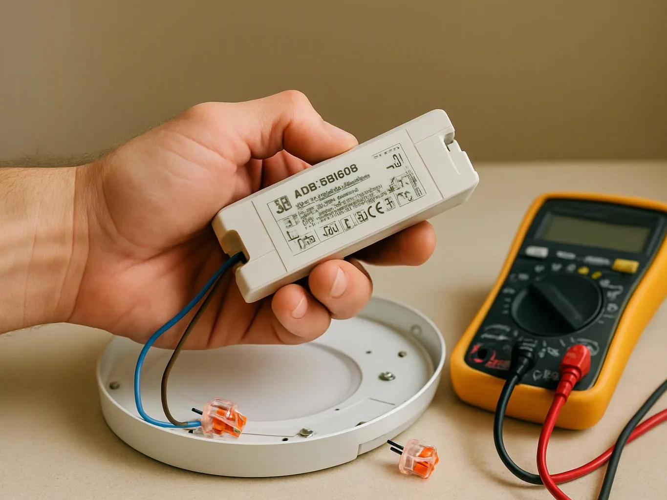 A hand holds a white electrical driver beside a round fixture base, loose wire connectors
