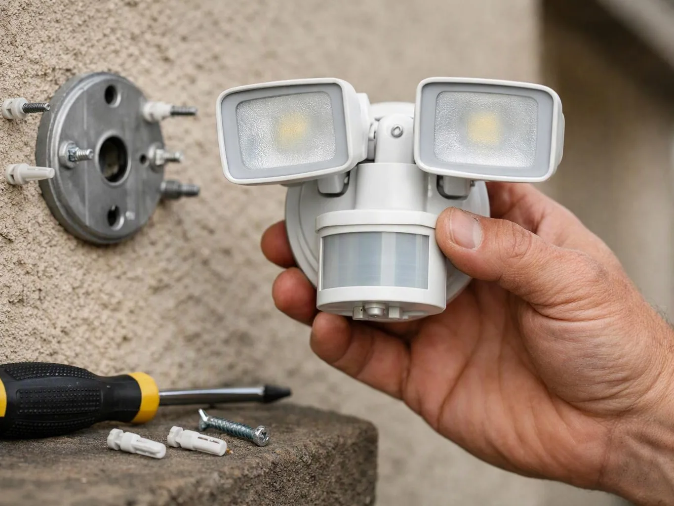 A hand holds a white motion sensor light beside a wall mount, with a screwdriver and anchors on a step