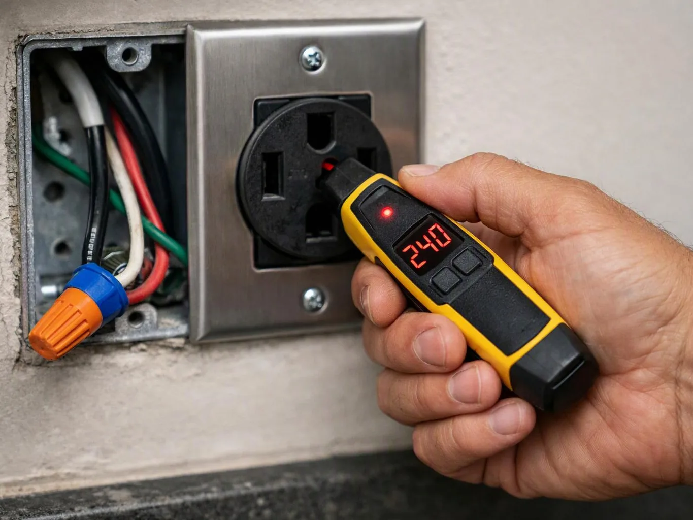 A hand tests a wall outlet with a digital voltage meter beside exposed wires and an open electrical box