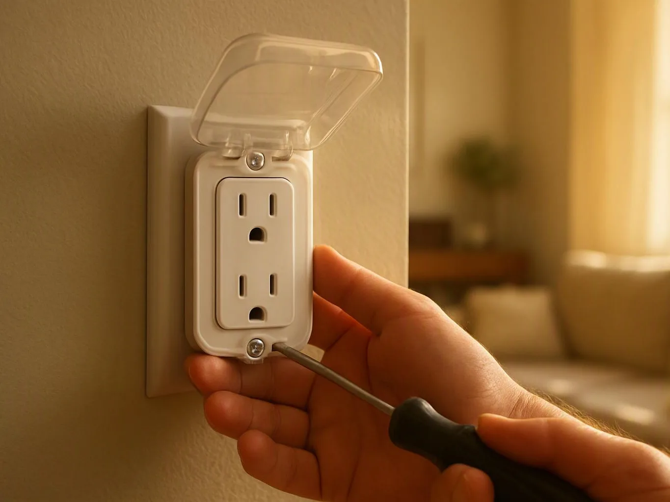 A hand uses a screwdriver to tighten a wall outlet cover with its clear safety lid open