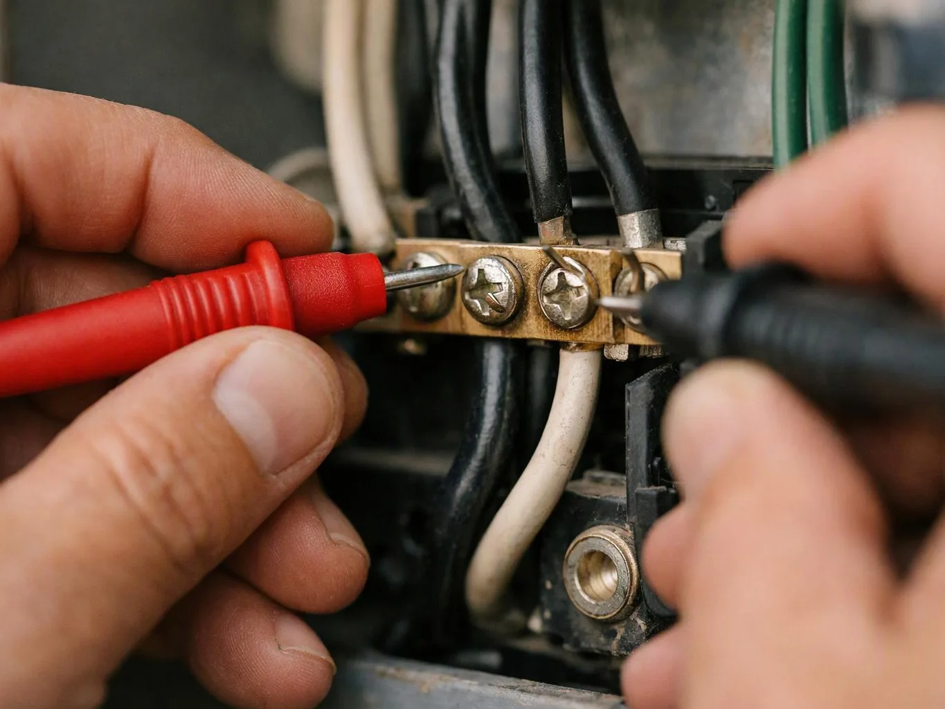 Hands hold red and black probes against screws on an electrical terminal block inside a panel