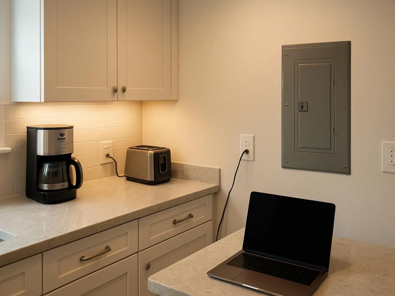 A kitchen counter holds a coffee maker, toaster, and open laptop beside a wall panel and outlets