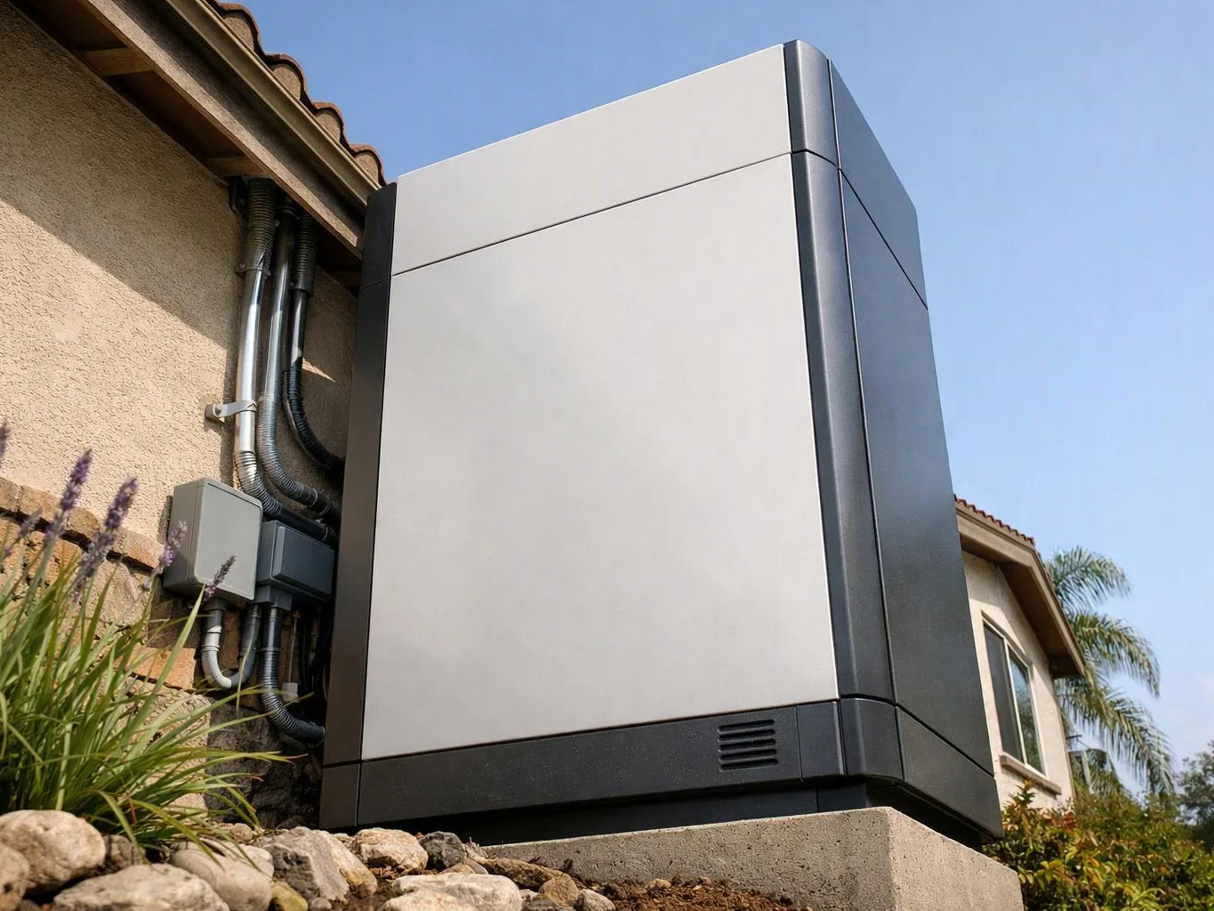A large gray outdoor power unit stands beside a house wall under a clear blue sky
