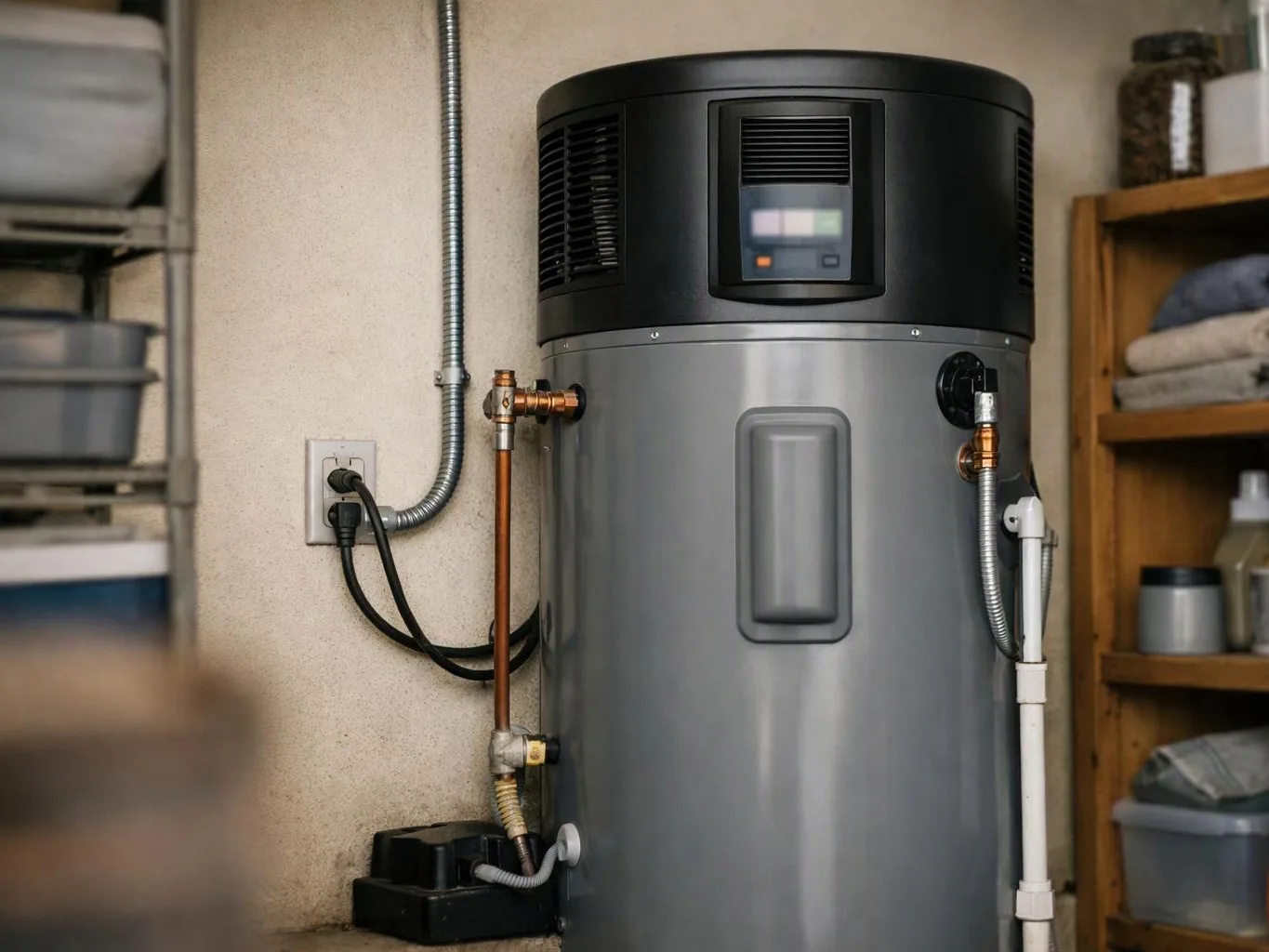 A large water heater stands in a utility room beside pipes, cords, and storage shelves