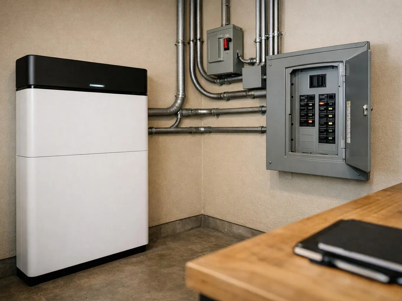 A large white battery unit stands beside exposed pipes and an open electrical panel in a utility room