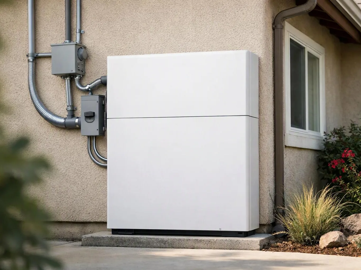 A large white wall-mounted battery unit sits beside electrical boxes and conduit on an exterior house wall