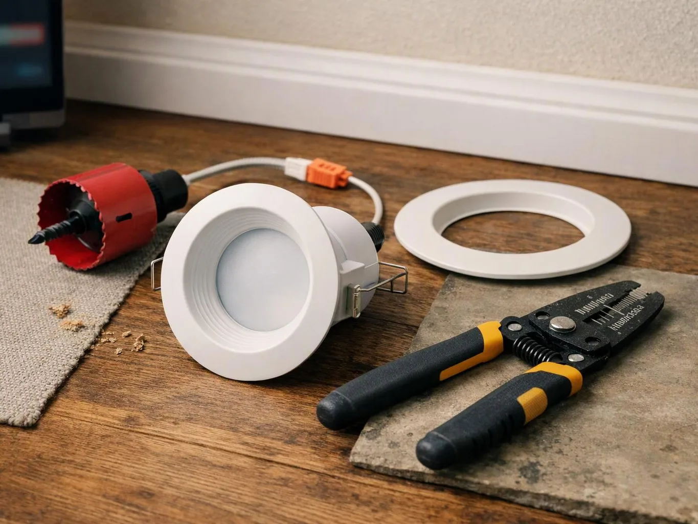 LED recessed light parts and wiring tools lie on a wooden floor beside a wall baseboard