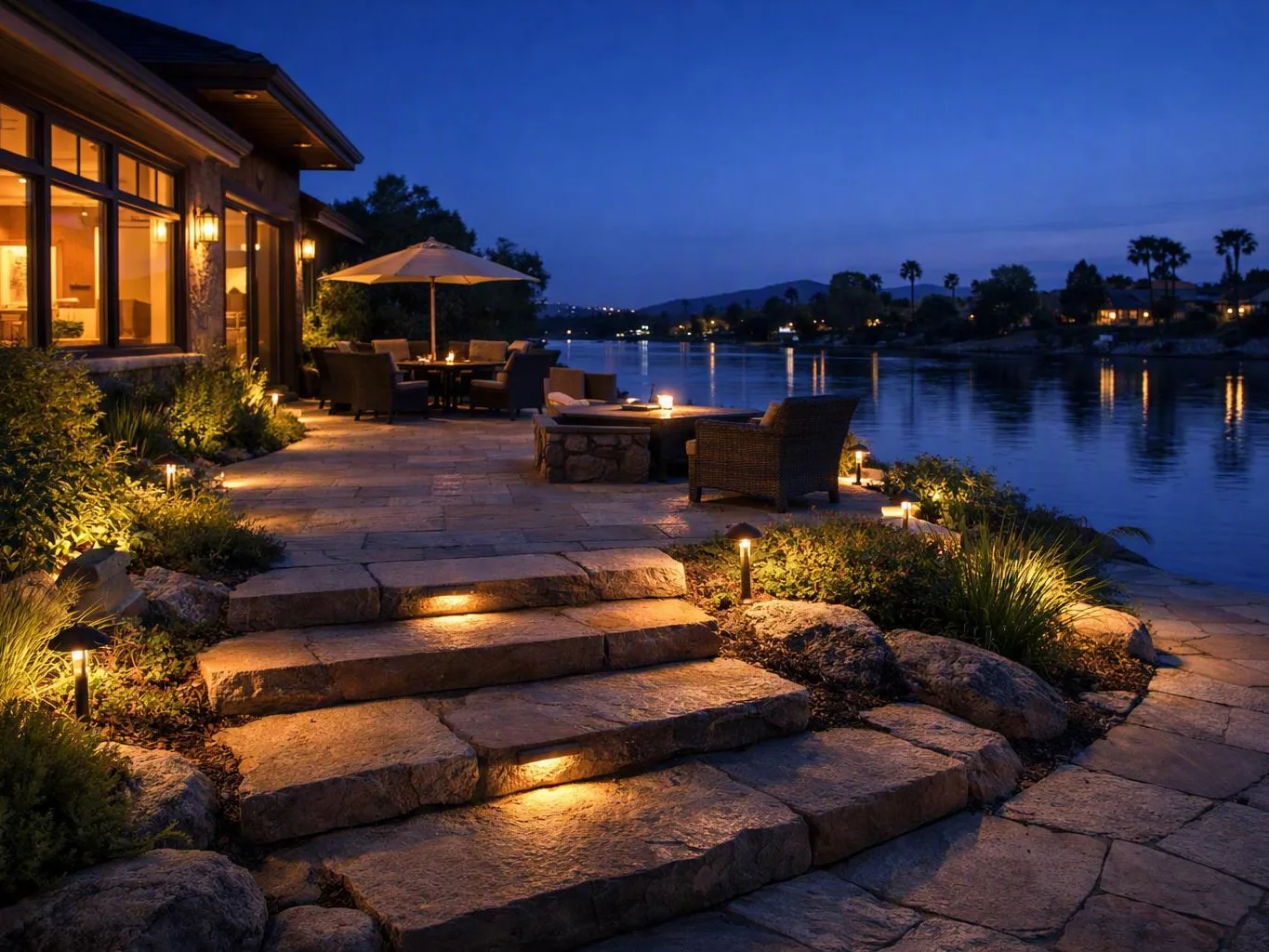 A lit stone patio with outdoor chairs and umbrella sits beside a calm lake at dusk