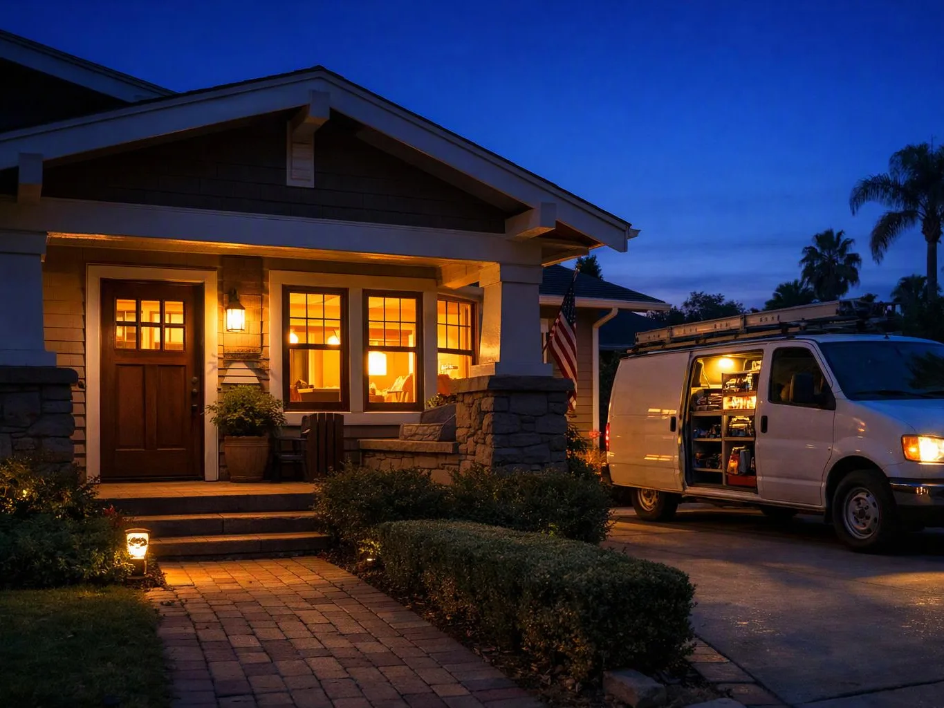 A lit suburban house at dusk sits beside a white work van with its side door open