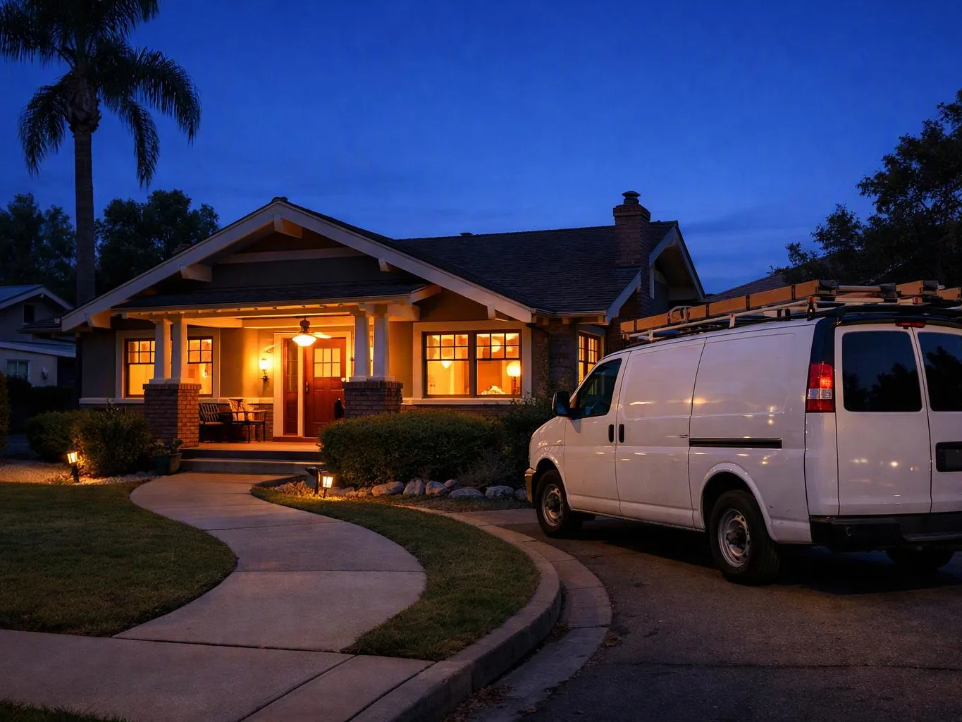 A lit suburban house at dusk sits beside a white work van parked in the driveway