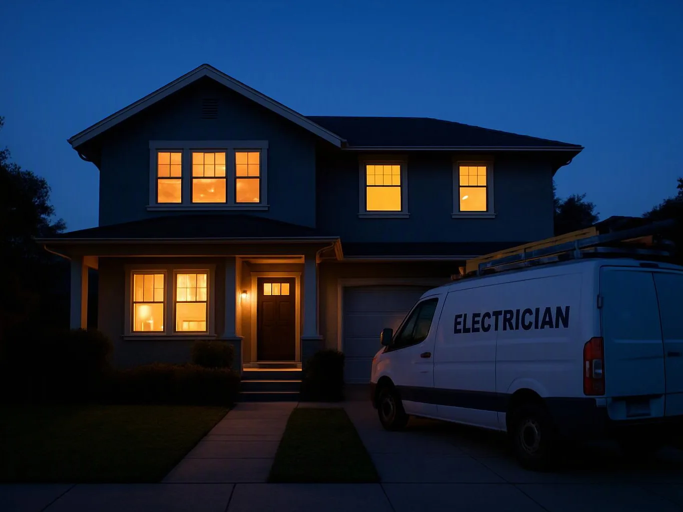 A lit two-story house stands at dusk beside a white van labeled electrician in the driveway