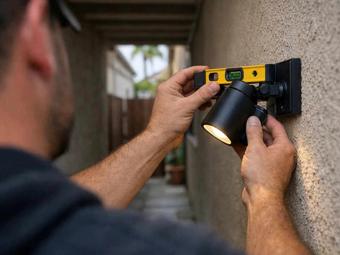 A man adjusts a wall-mounted spotlight with a yellow level in a narrow outdoor passage
