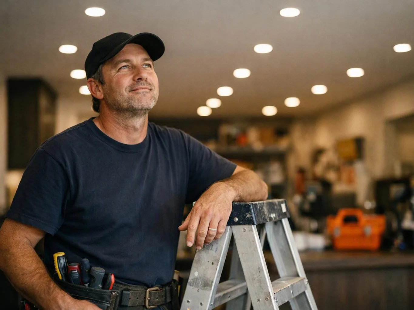 A man in a black cap leans on a step ladder in a blurred indoor workshop