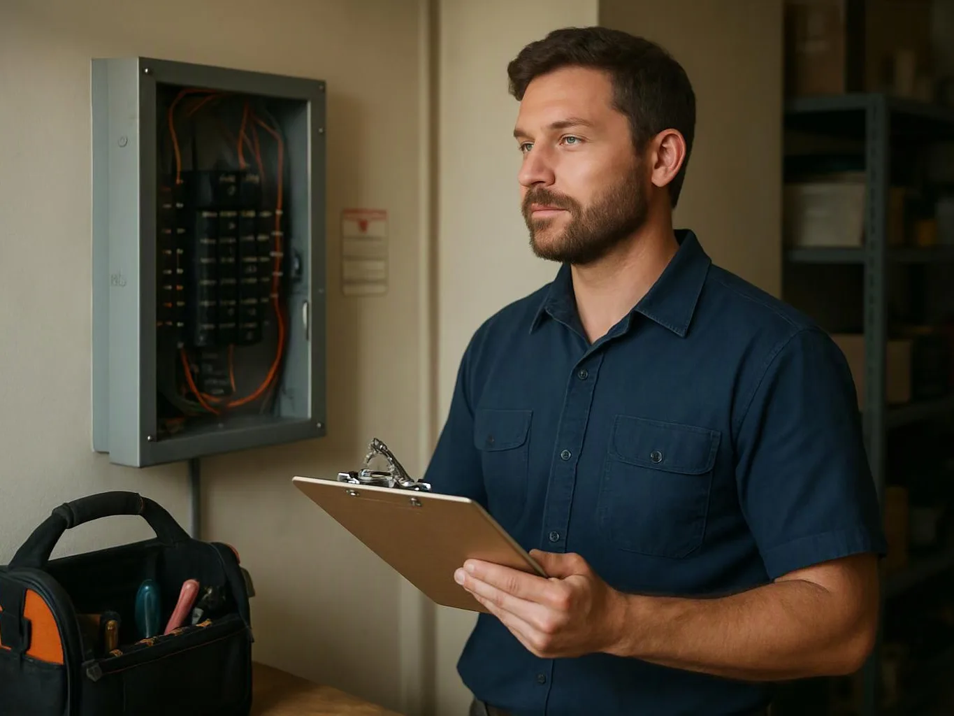 A man in a blue shirt holds a clipboard beside an open electrical panel in a utility room