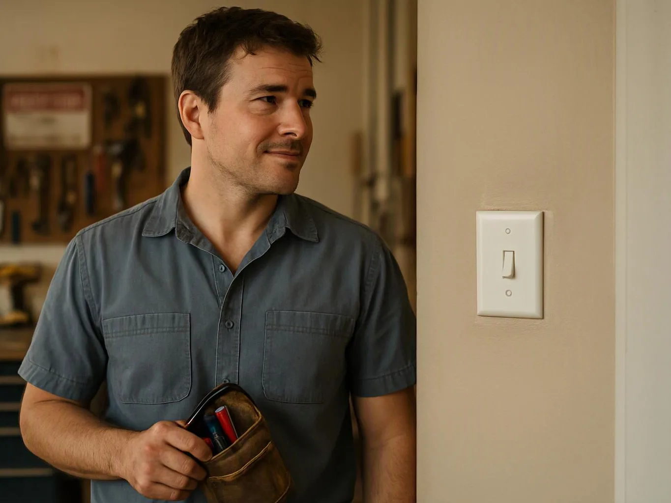 A man in a blue shirt stands indoors holding a tool pouch beside a wall light switch