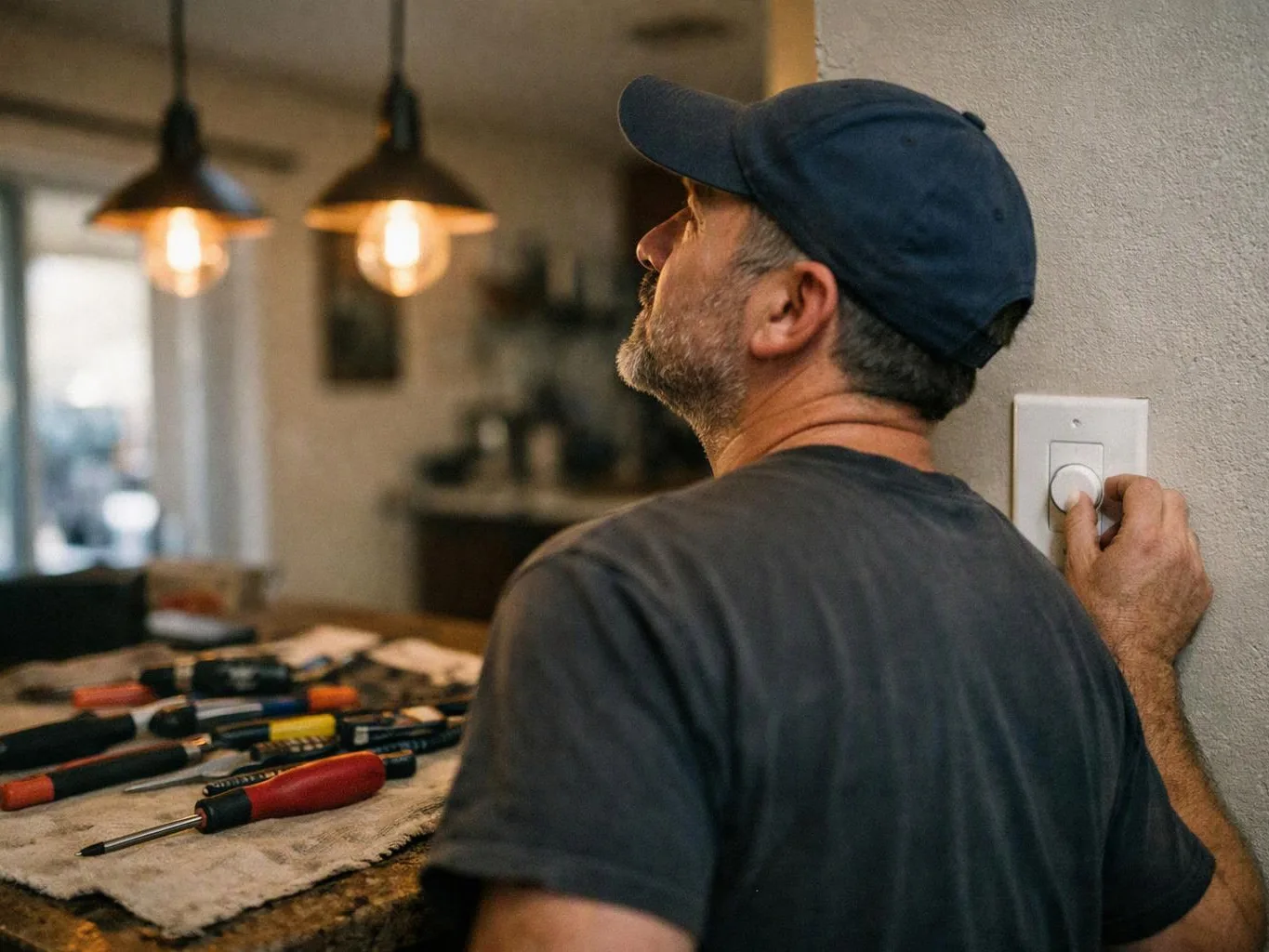 A man in a cap adjusts a wall dimmer switch beside a table covered with screwdrivers in a home interior