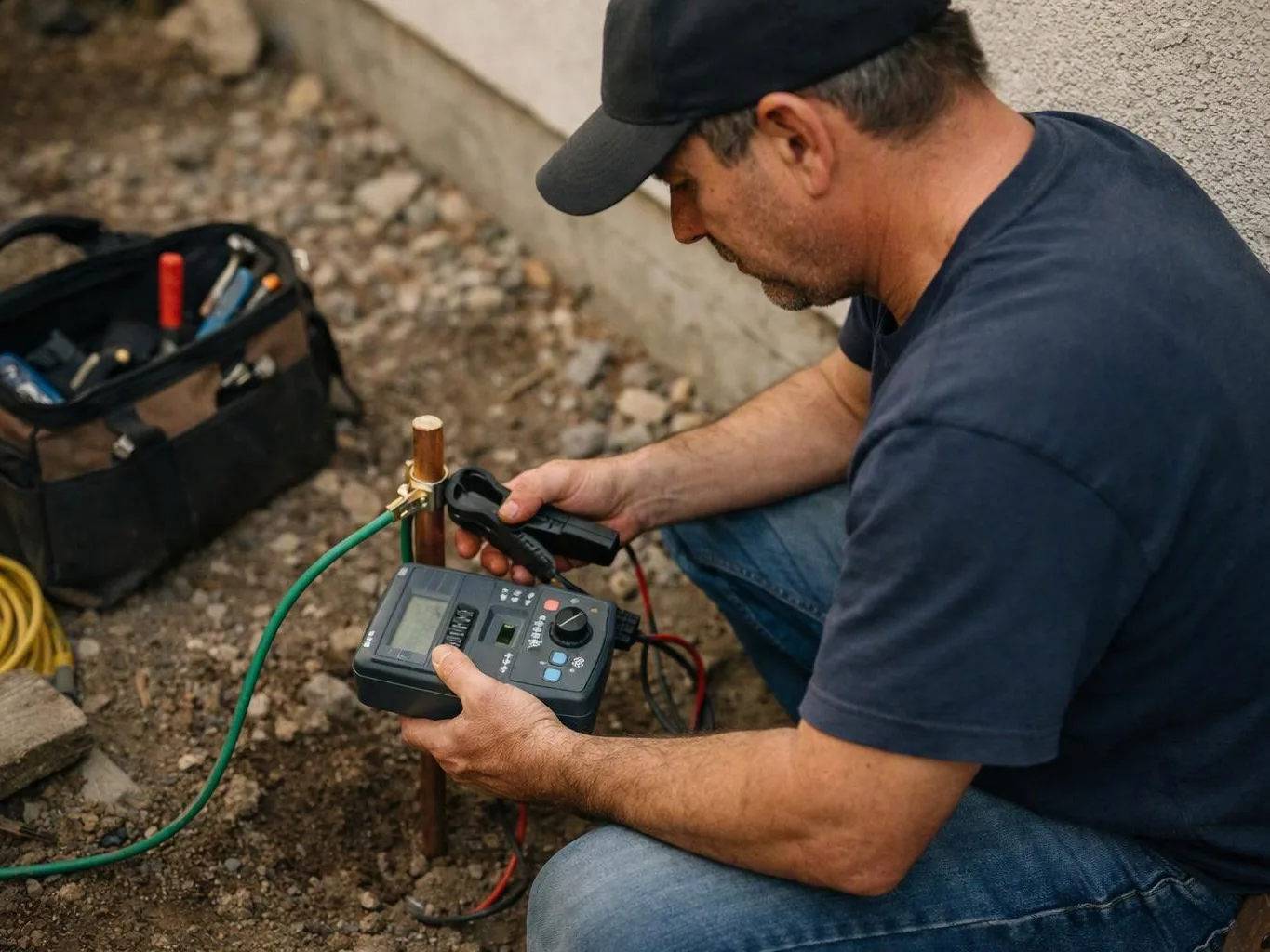 A man in a cap crouches outdoors, testing a copper ground rod with a meter and clamp gauge