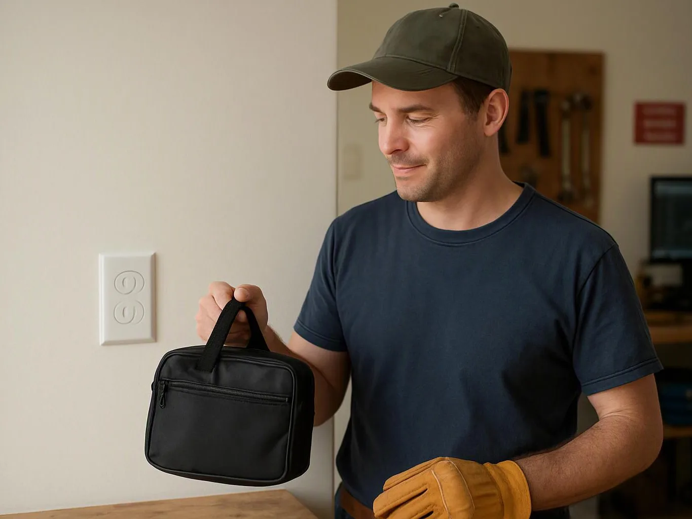 A man in a cap holds a small black bag indoors beside a wall outlet