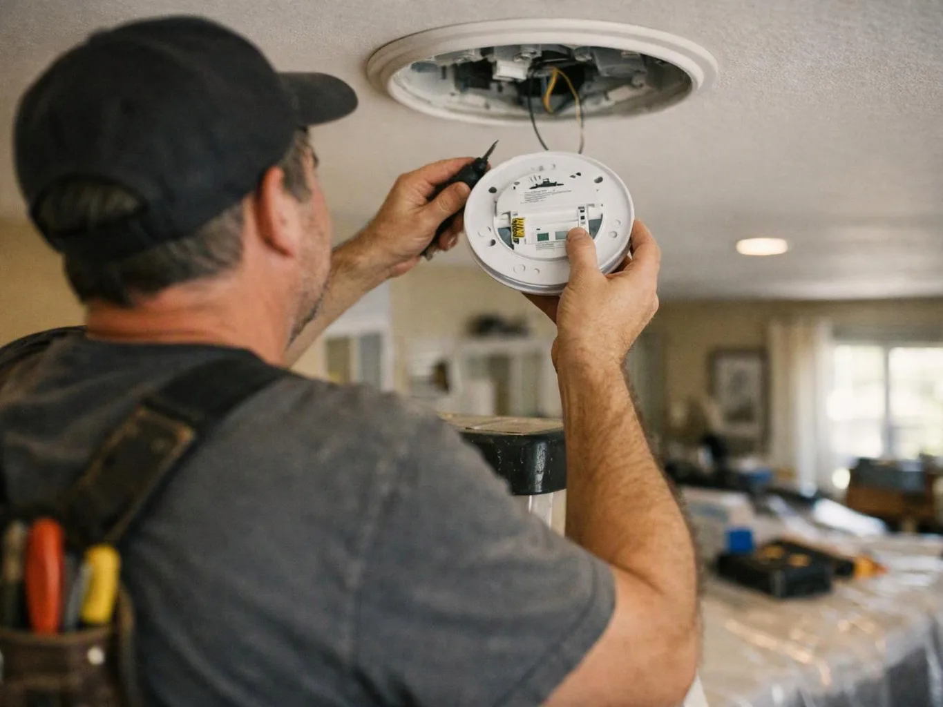 A man in a cap installs a ceiling smoke detector with a screwdriver in a room under renovation