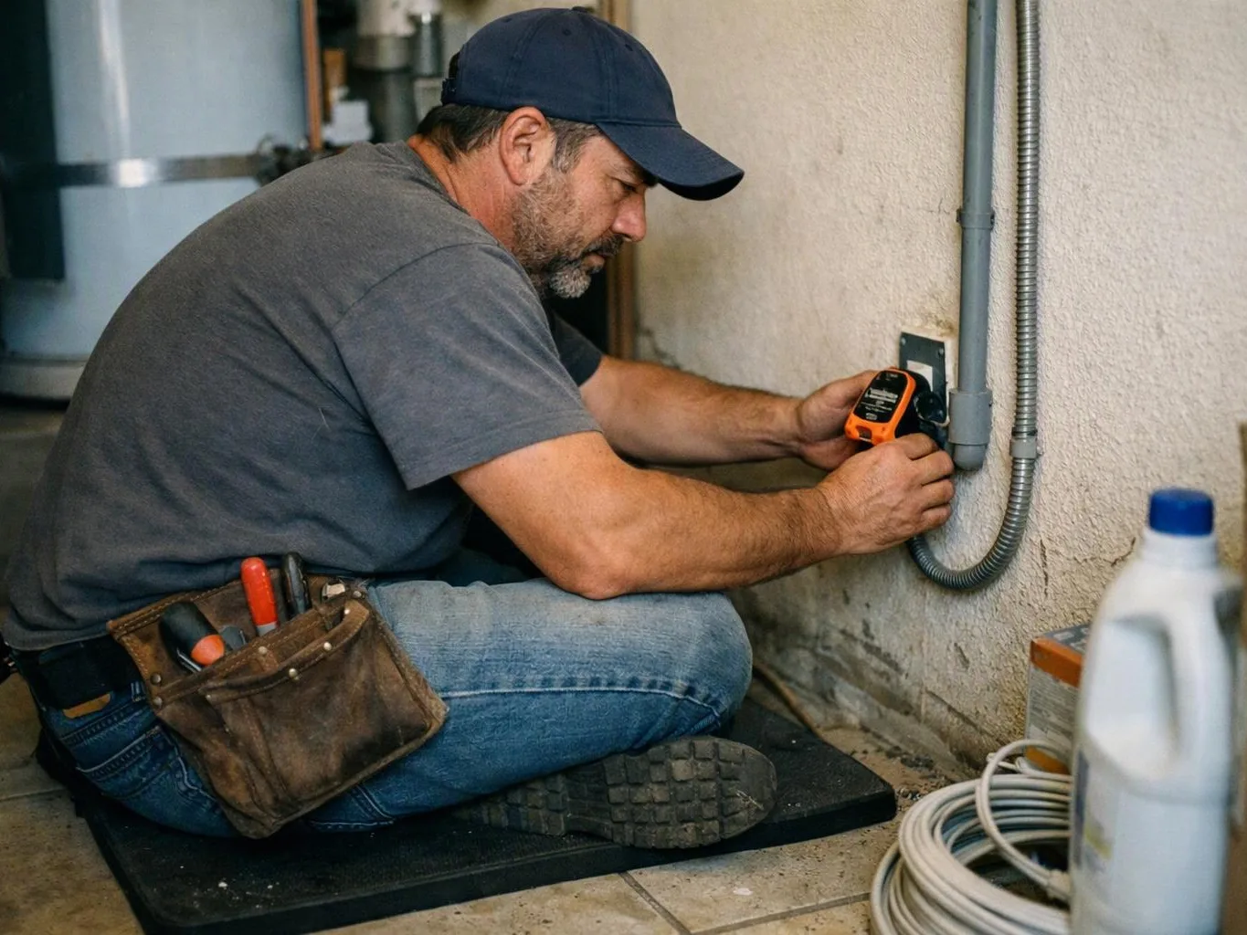 A man in a cap kneels by a wall outlet, using a small tool beside exposed conduit and cables