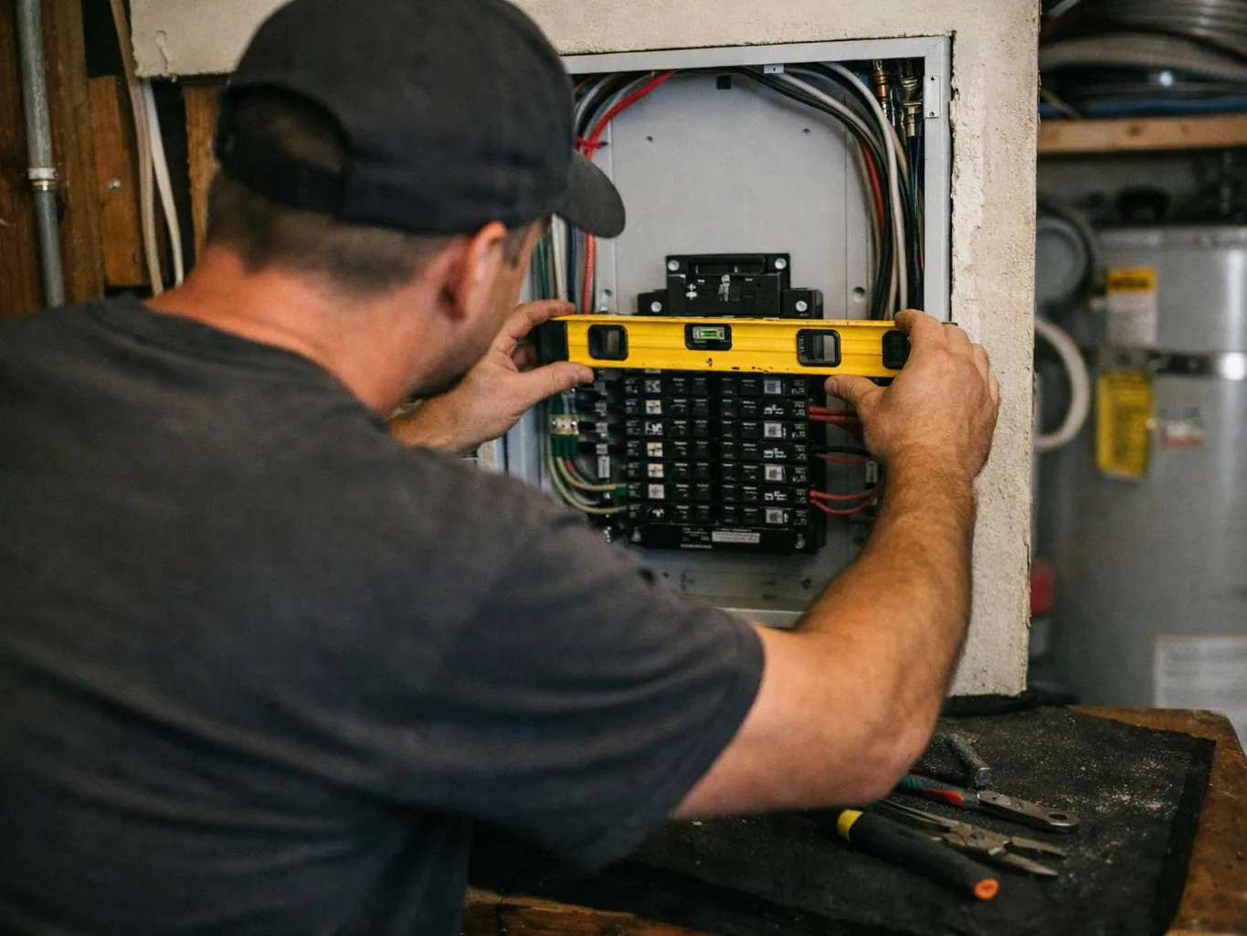 A man in a cap levels an electrical breaker panel with a yellow tool in a workshop