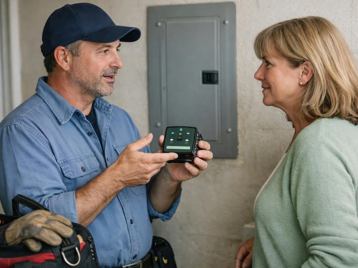 A man in a cap shows a woman a small screen beside an electrical panel indoors