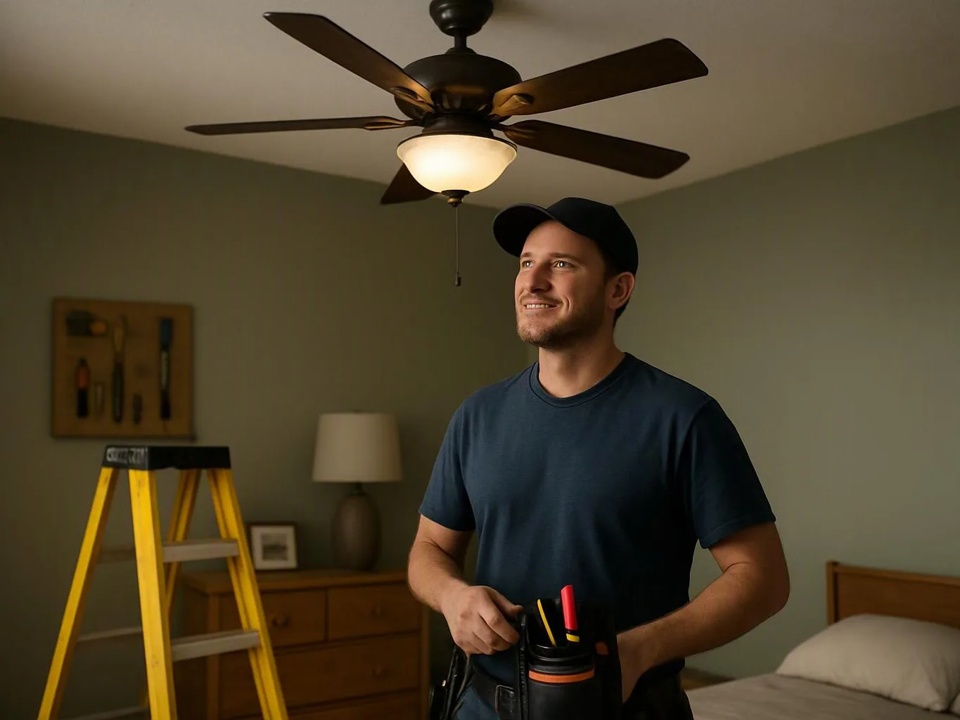 A man in a cap stands in a bedroom under a ceiling fan, holding tools beside a ladder