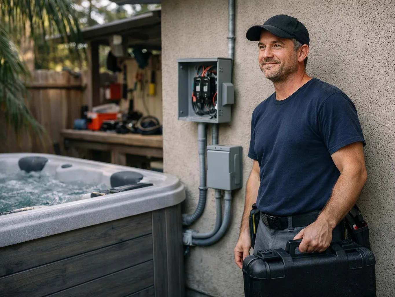 A man in a cap stands beside an outdoor hot tub, holding a black toolbox near electrical boxes on a stucco wall