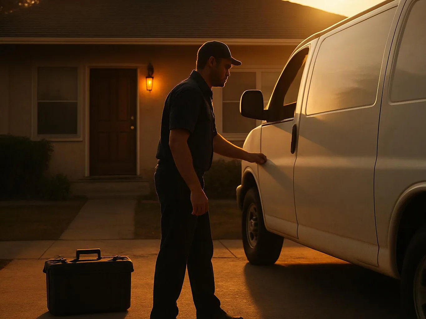 A man in a cap stands beside a white van in a driveway at sunset, with a toolbox on the ground