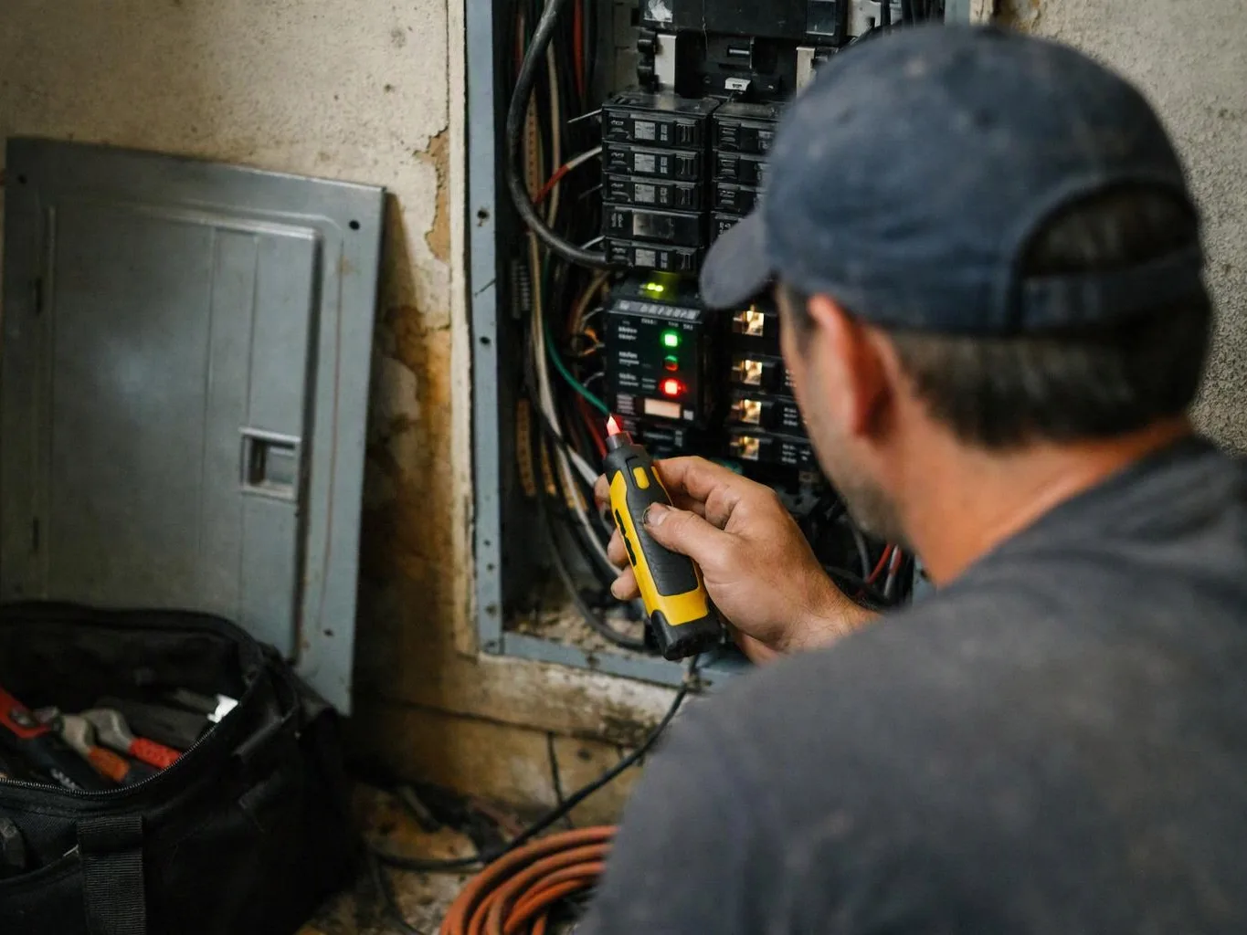 A man in a cap tests wiring in an open electrical breaker panel with a handheld tool