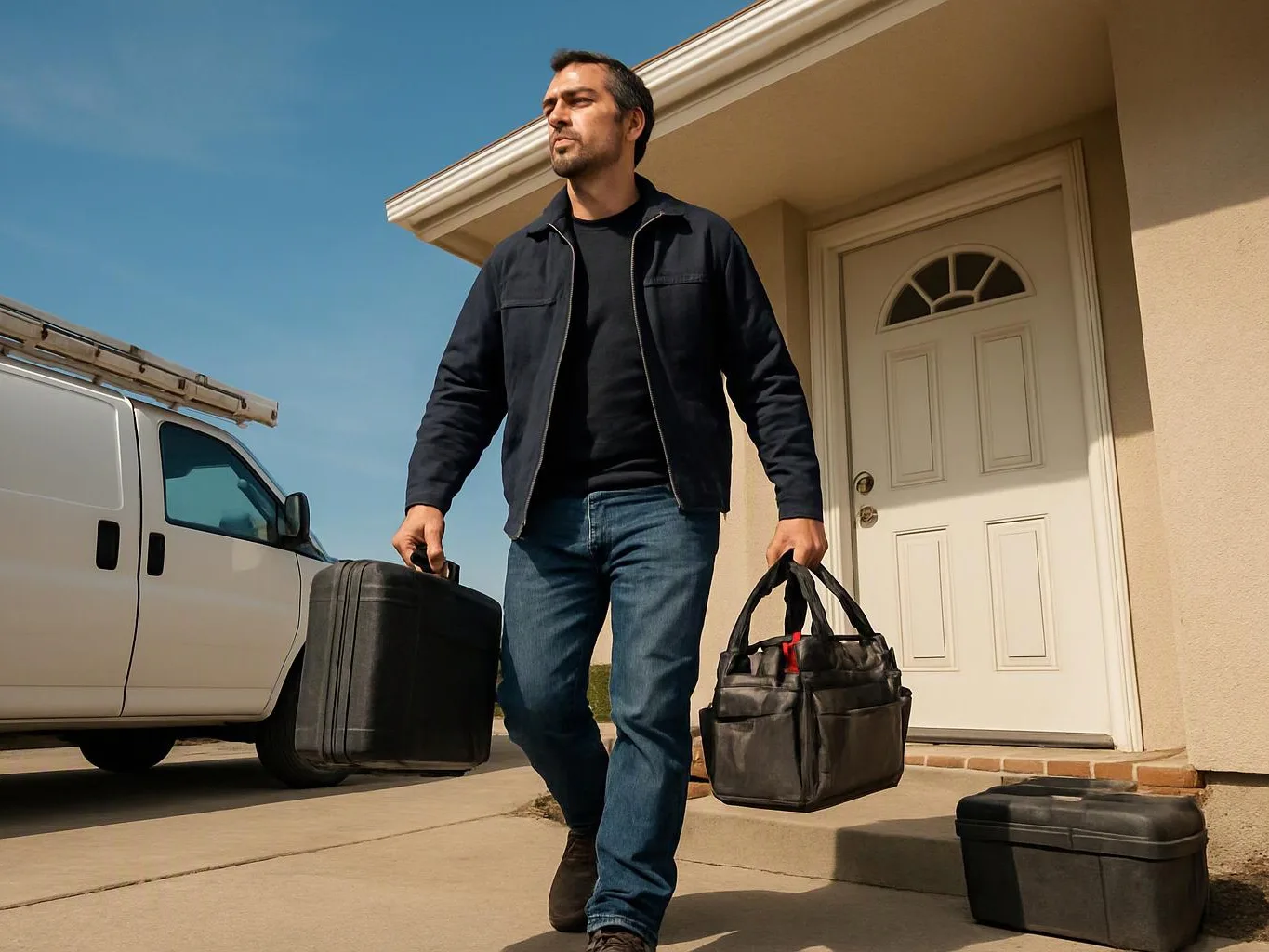 A man carries a suitcase and tool bag beside a white van outside a beige house