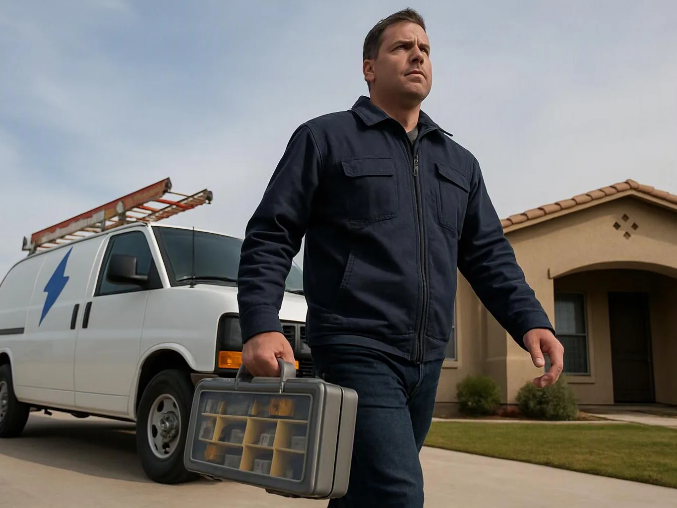 A man carries a toolbox past a white utility van in a suburban driveway