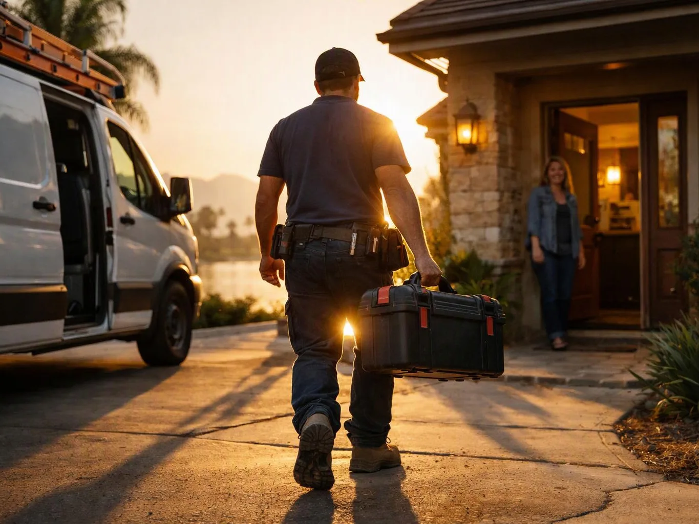 A man carries a toolbox toward a house at sunset, with a van parked beside him and a woman waiting at the door