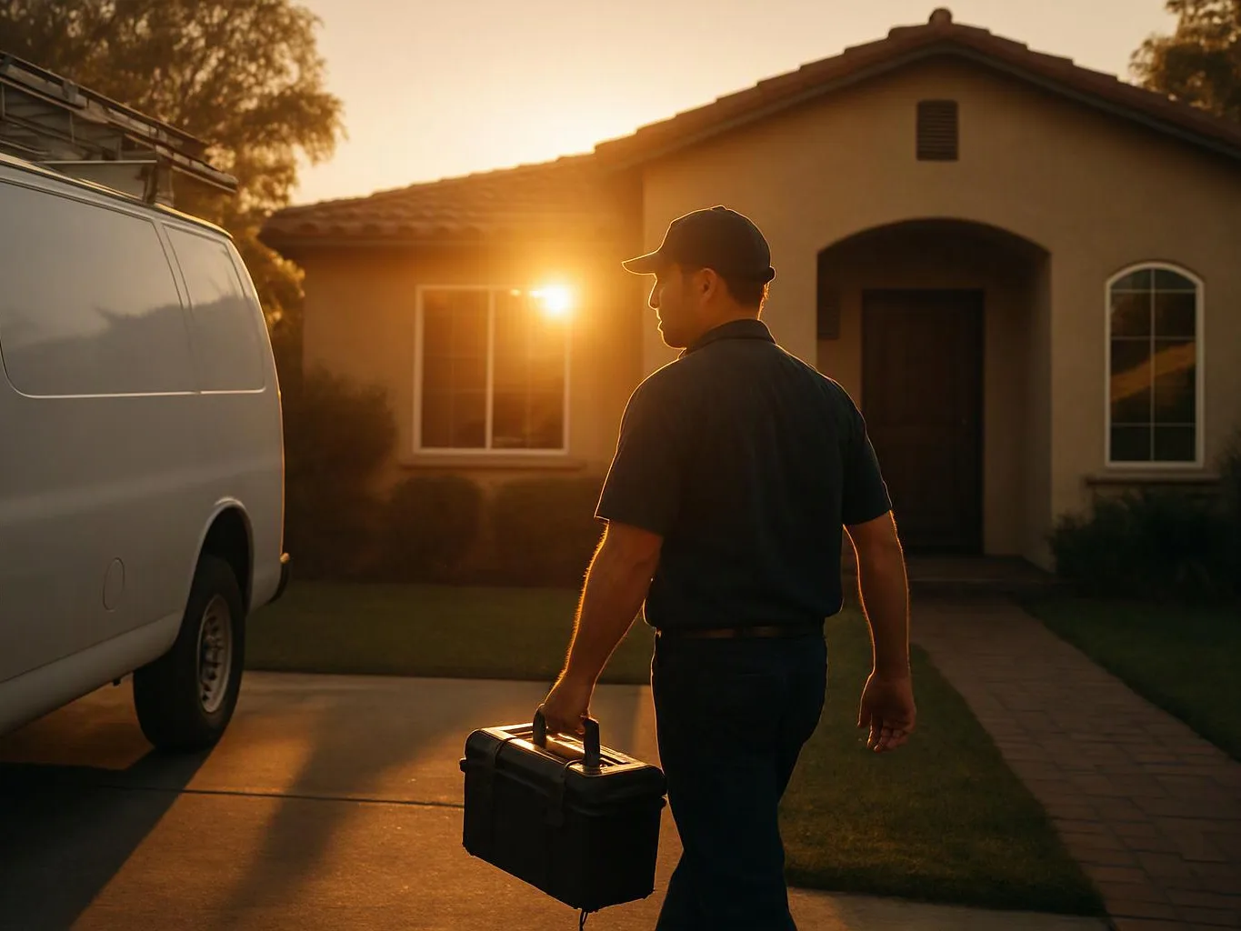 A man carries a toolbox toward a suburban house beside a white van at sunset