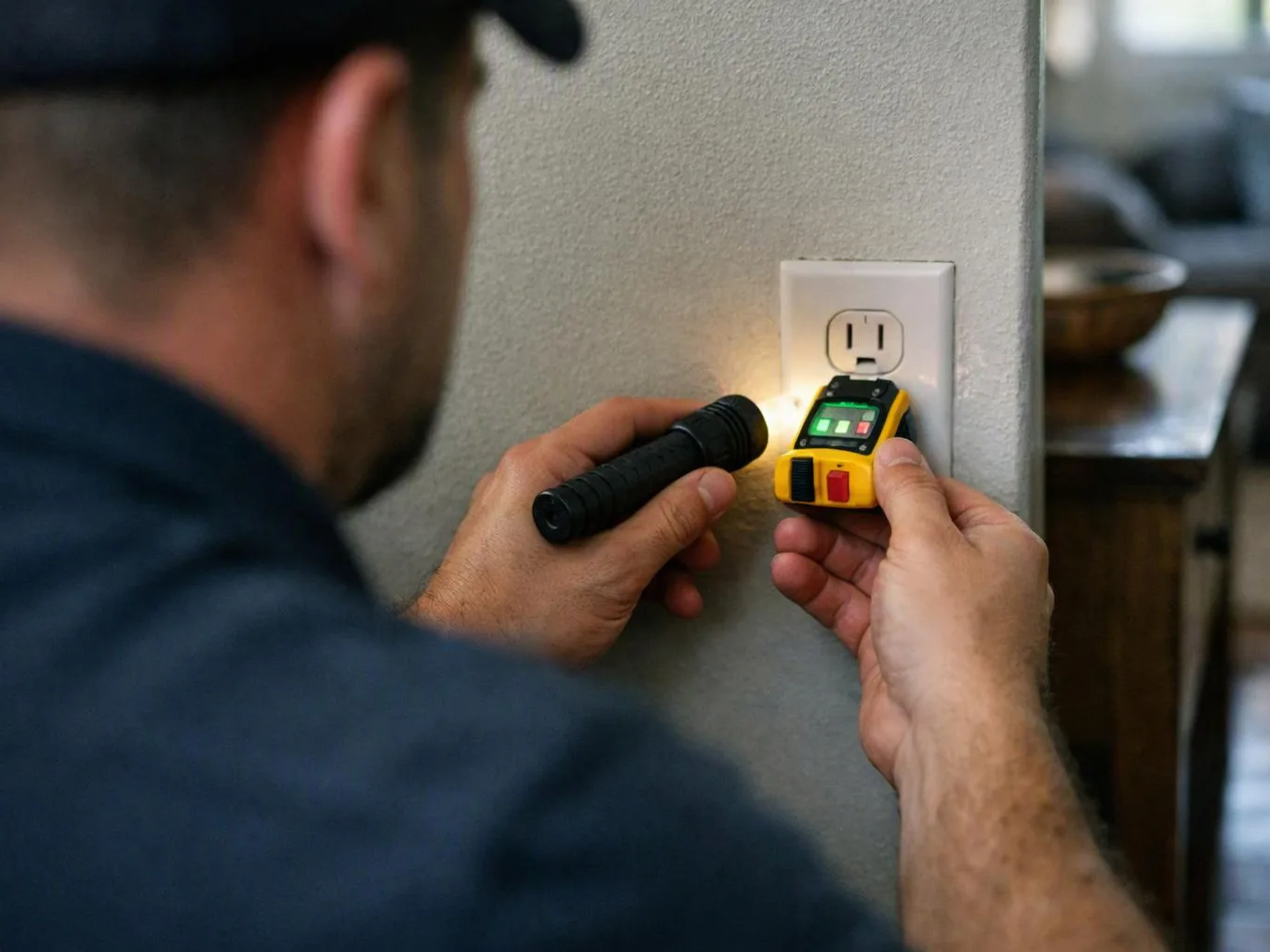 A man checks a wall outlet with a handheld tester and flashlight in a home interior