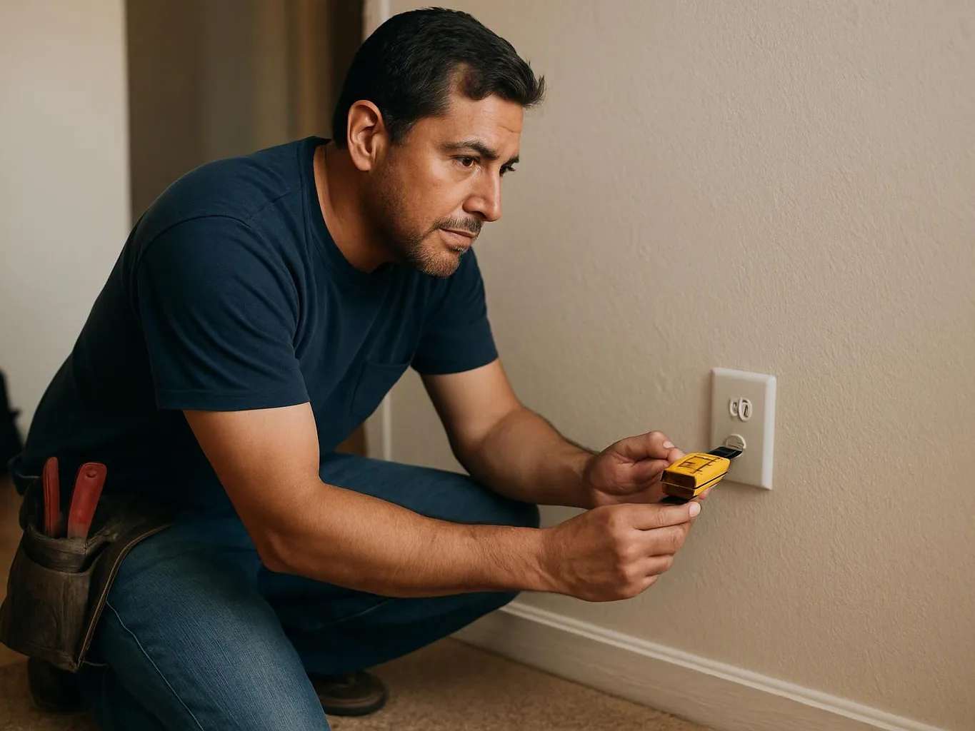 A man crouches by a wall outlet, testing it with a yellow electrical device in a plain room