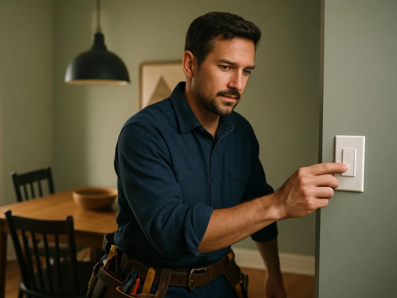 A man in a dark shirt presses a wall light switch in a dining room