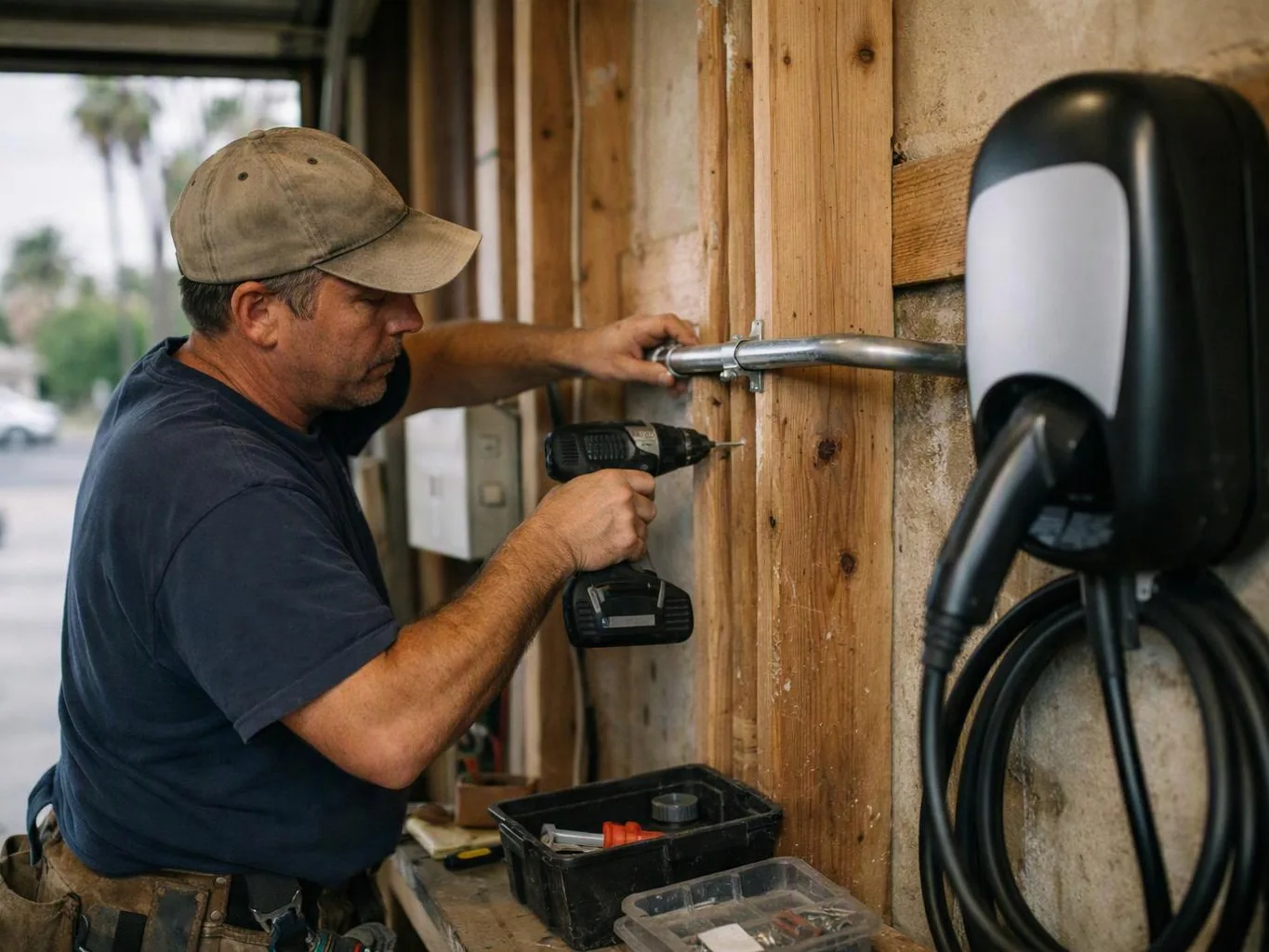 A man drills into a wooden wall beside a mounted charging unit inside a workshop