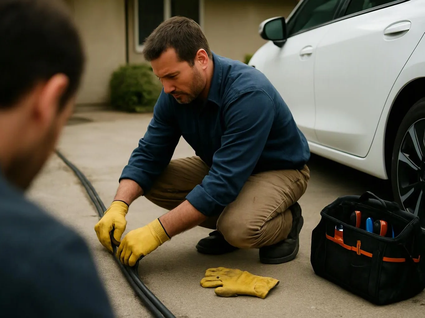 A man in gloves kneels by a white car, working on a cable beside a tool bag on a driveway