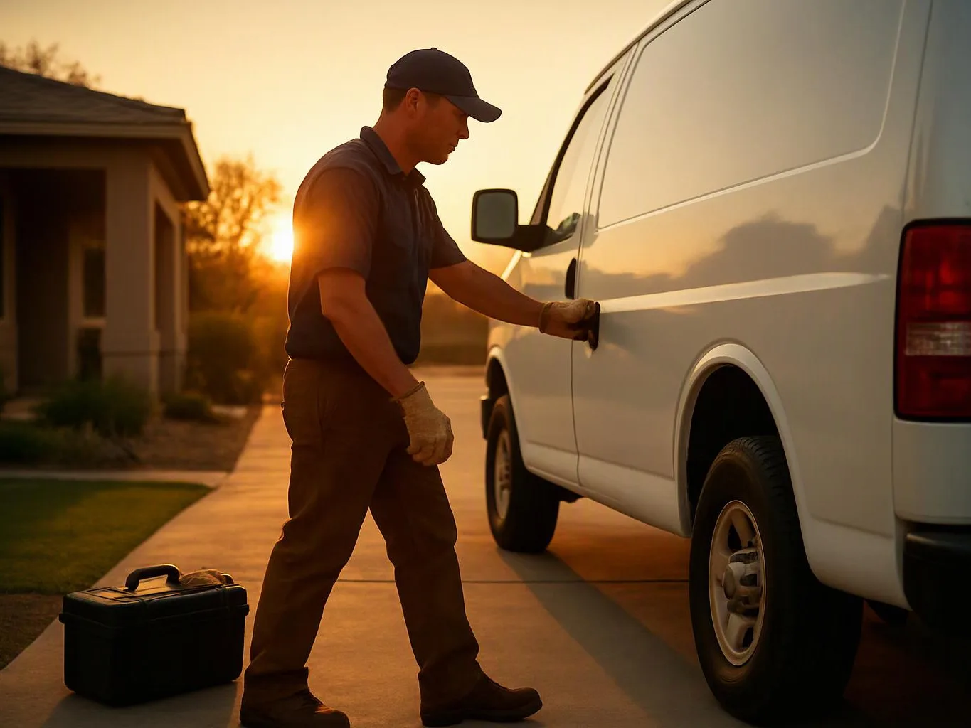 A man in gloves opens a white van door beside a toolbox on a driveway at sunset