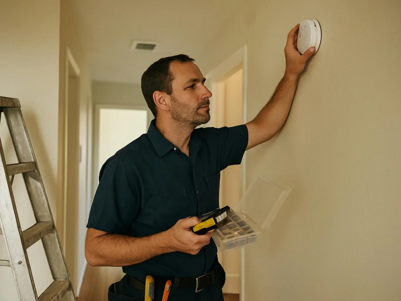 A man in a hallway installs a smoke detector on the wall while holding tools and a parts box