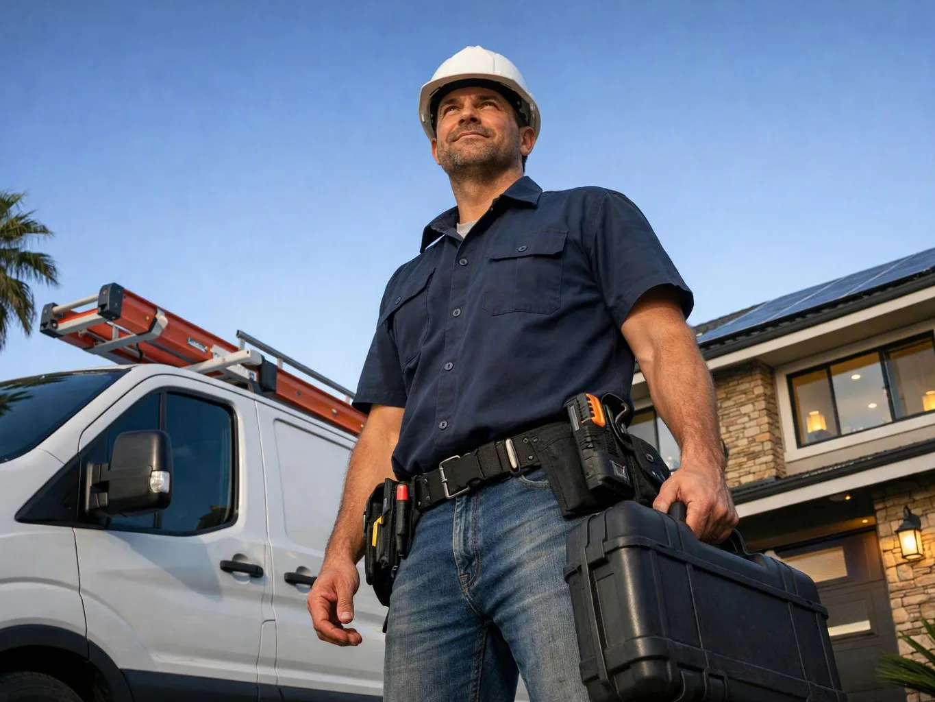 A man in a hard hat stands beside a work van, holding a toolbox outside a house