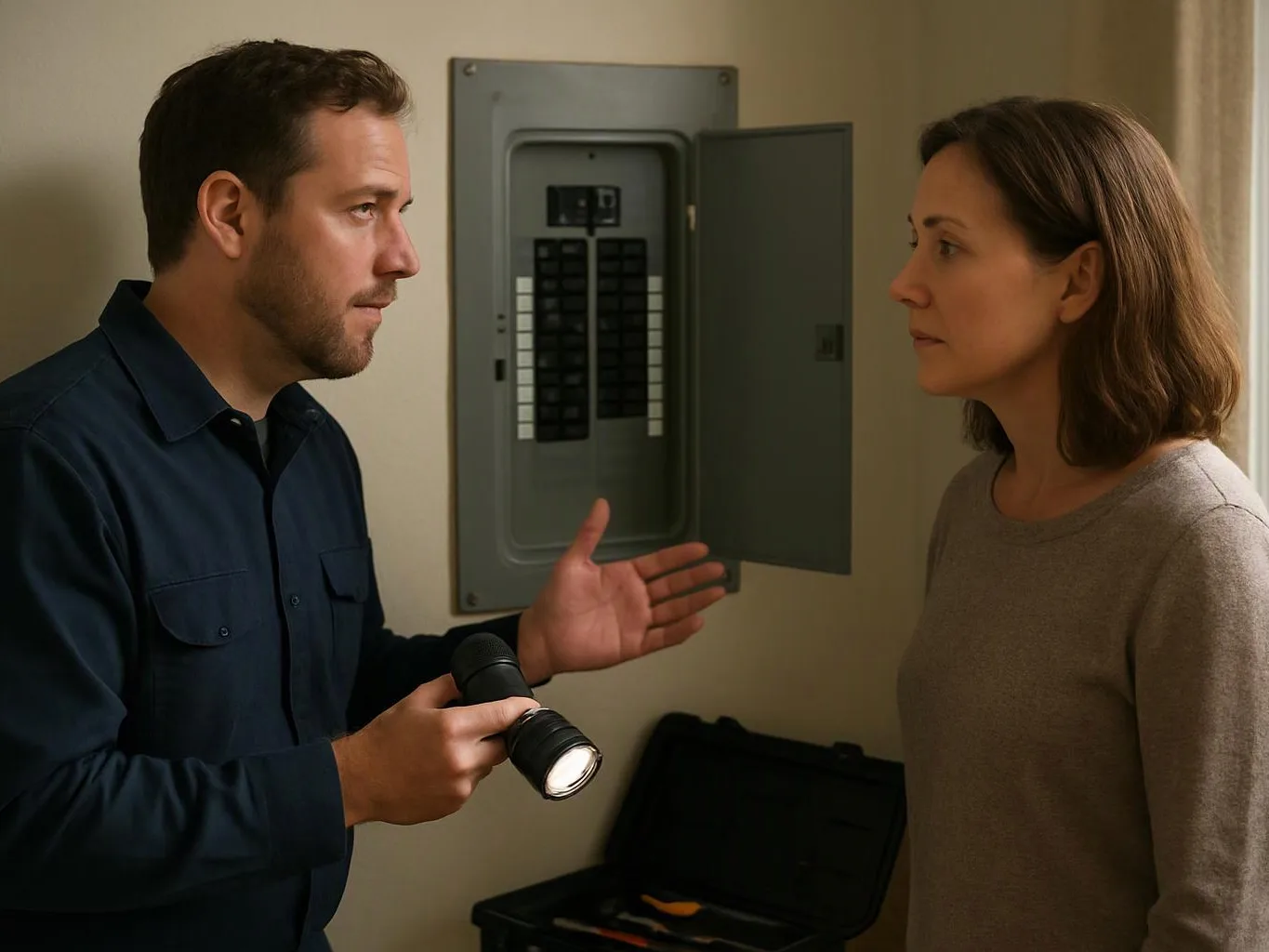 A man holds a flashlight and gestures beside an open electrical panel while facing a woman indoors